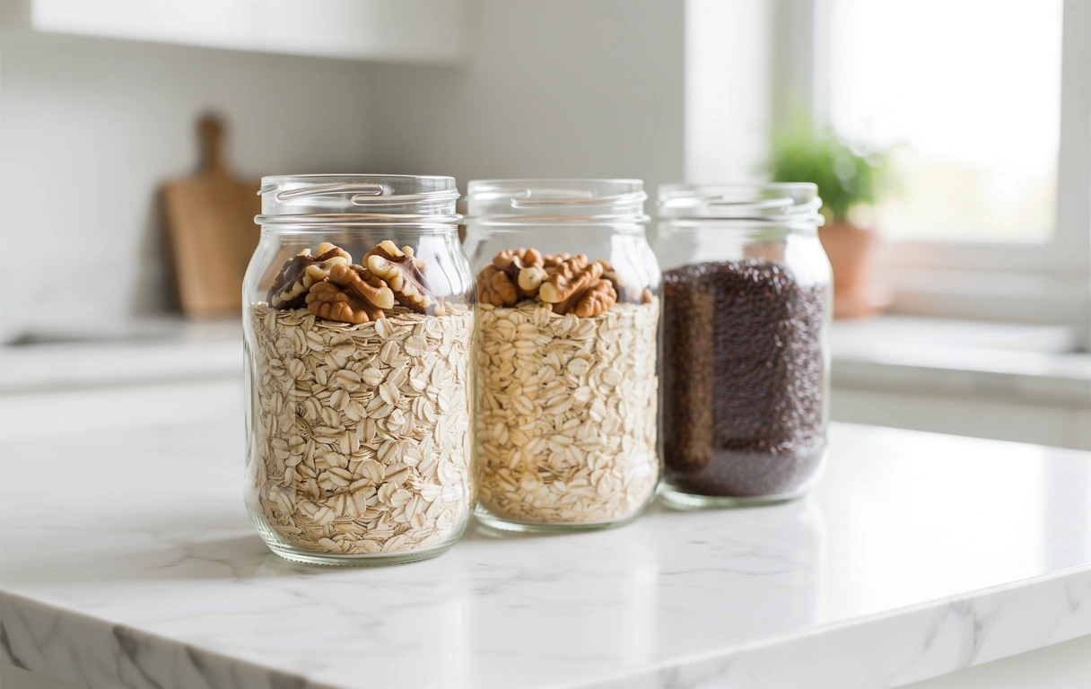 Vollkornprodukte und Nüsse in Glasbehältern
